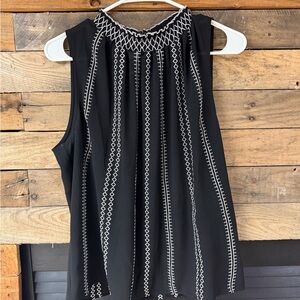 White House Black Market Black and White Embroidered Blouse